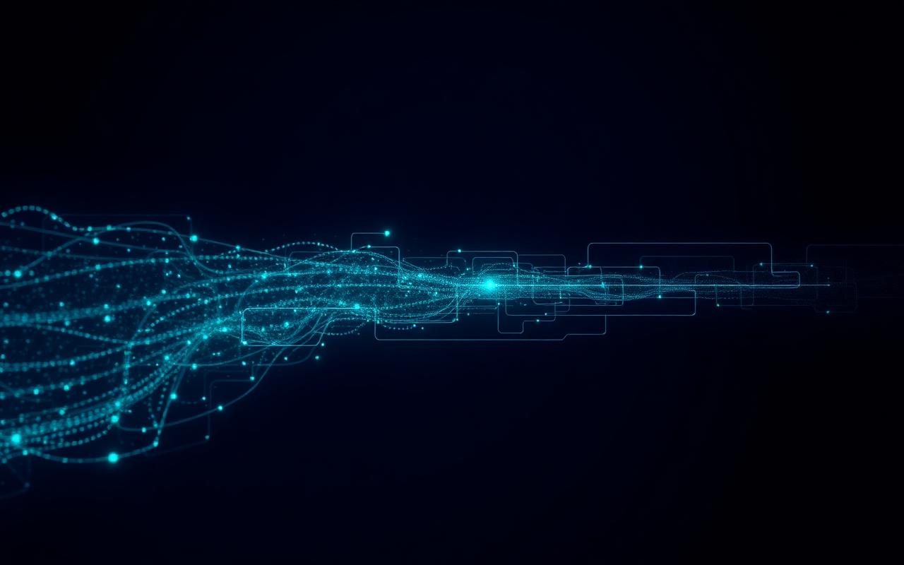 Abstract glowing data streams converging into a structured lattice