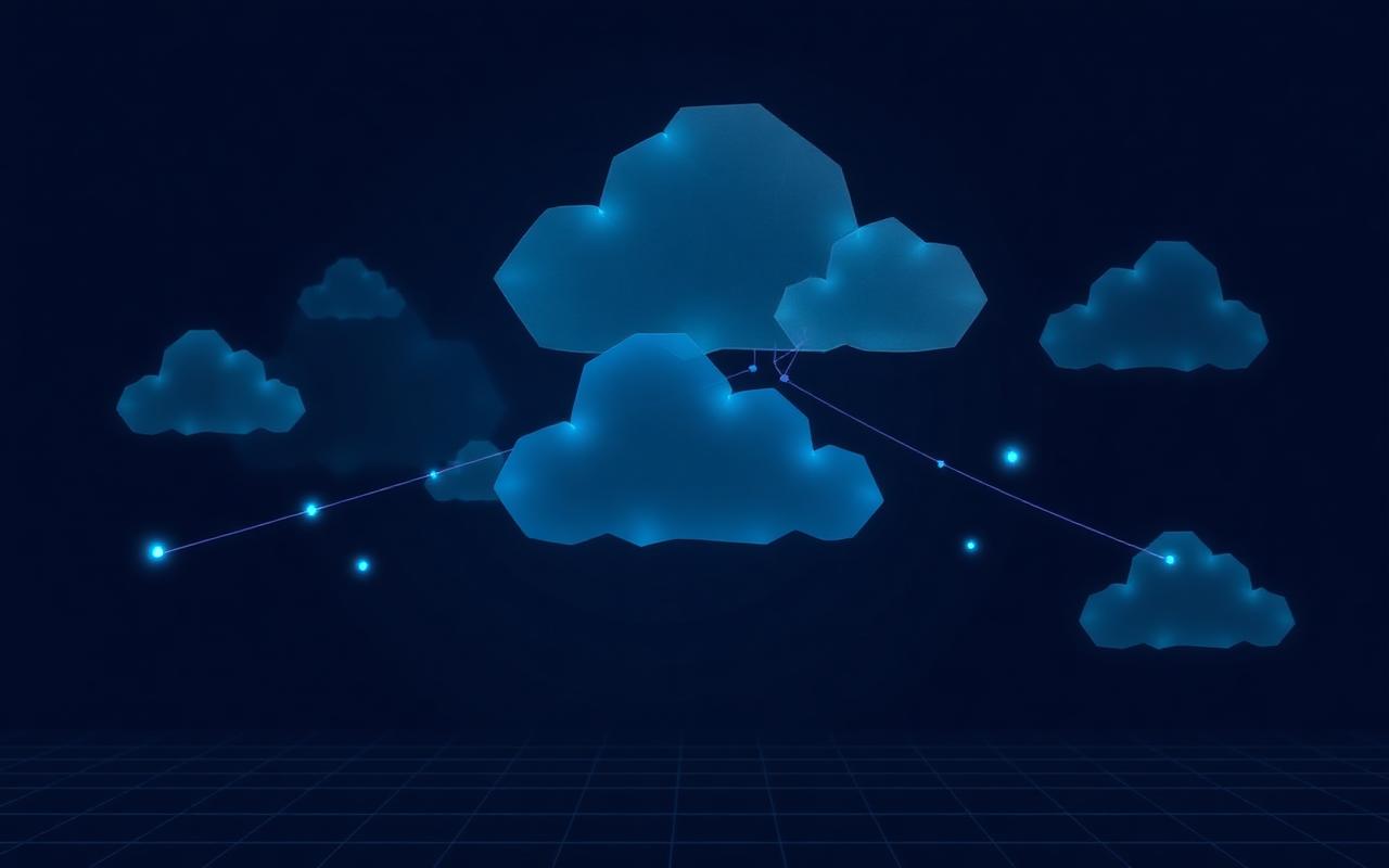 Abstract translucent cloud shapes connected by faint glowing lines