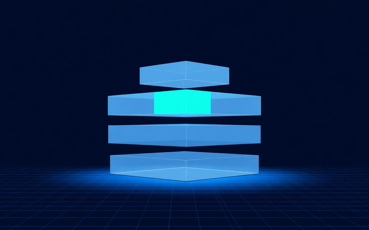 Stacked translucent architectural blocks softly glowing on a grid