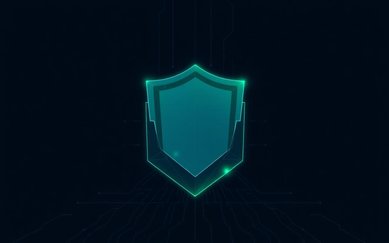 Abstract glowing geometric shield with soft green edges on a dark background